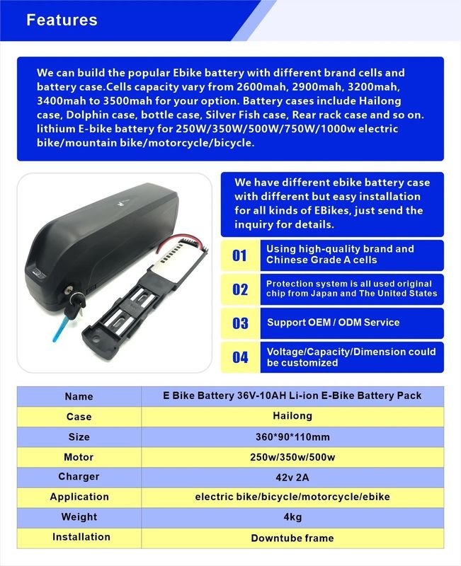 High-Performance E Bike Battery for Hailong Case 250w/350w/500w Motor Black