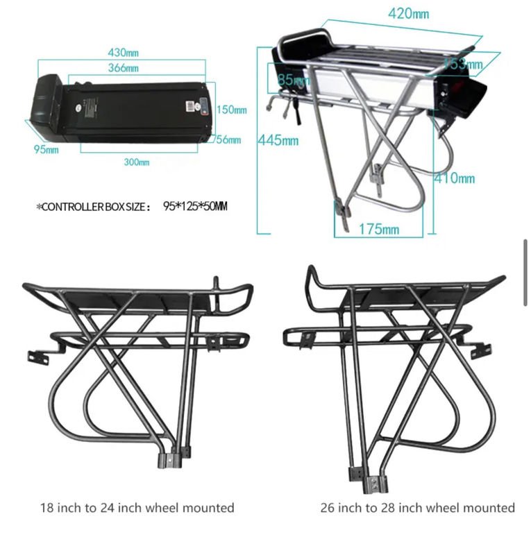 48V 36V Rear Rack Lithium Ion E Bike Battery Customized Weight Charge Silver Case
